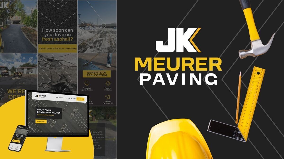 JK Meurer Paving website, social graphics, and construction equipment